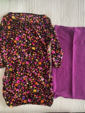 Black Floral Swim Coverup with Bright Pink & Orange Accents & Purple Tube Dress